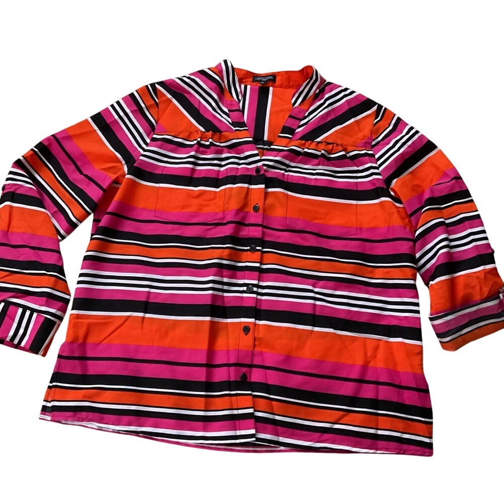 Notations‎ Woman 1X Orange Pink Black White Stripe V Neck Top